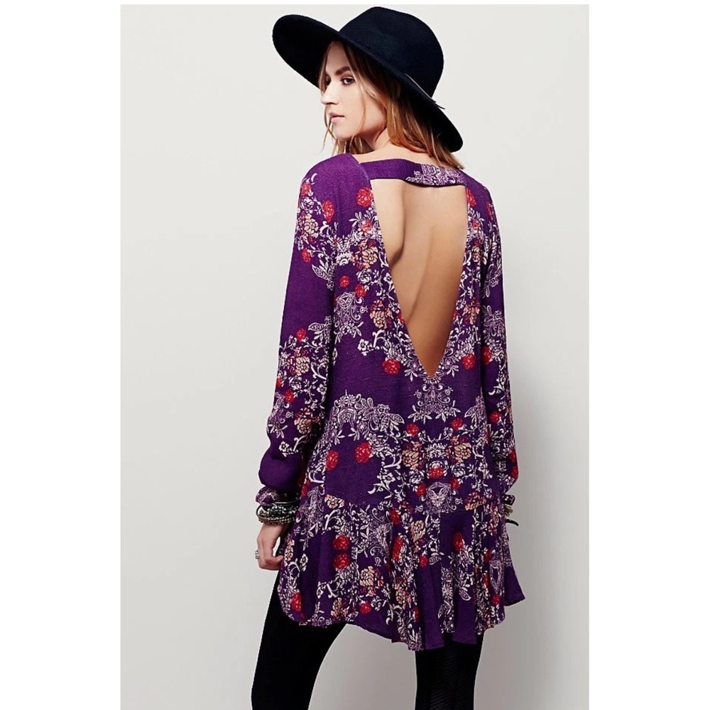 Free People Purple Floral Long Sleeve Open-Back Tunic Dress